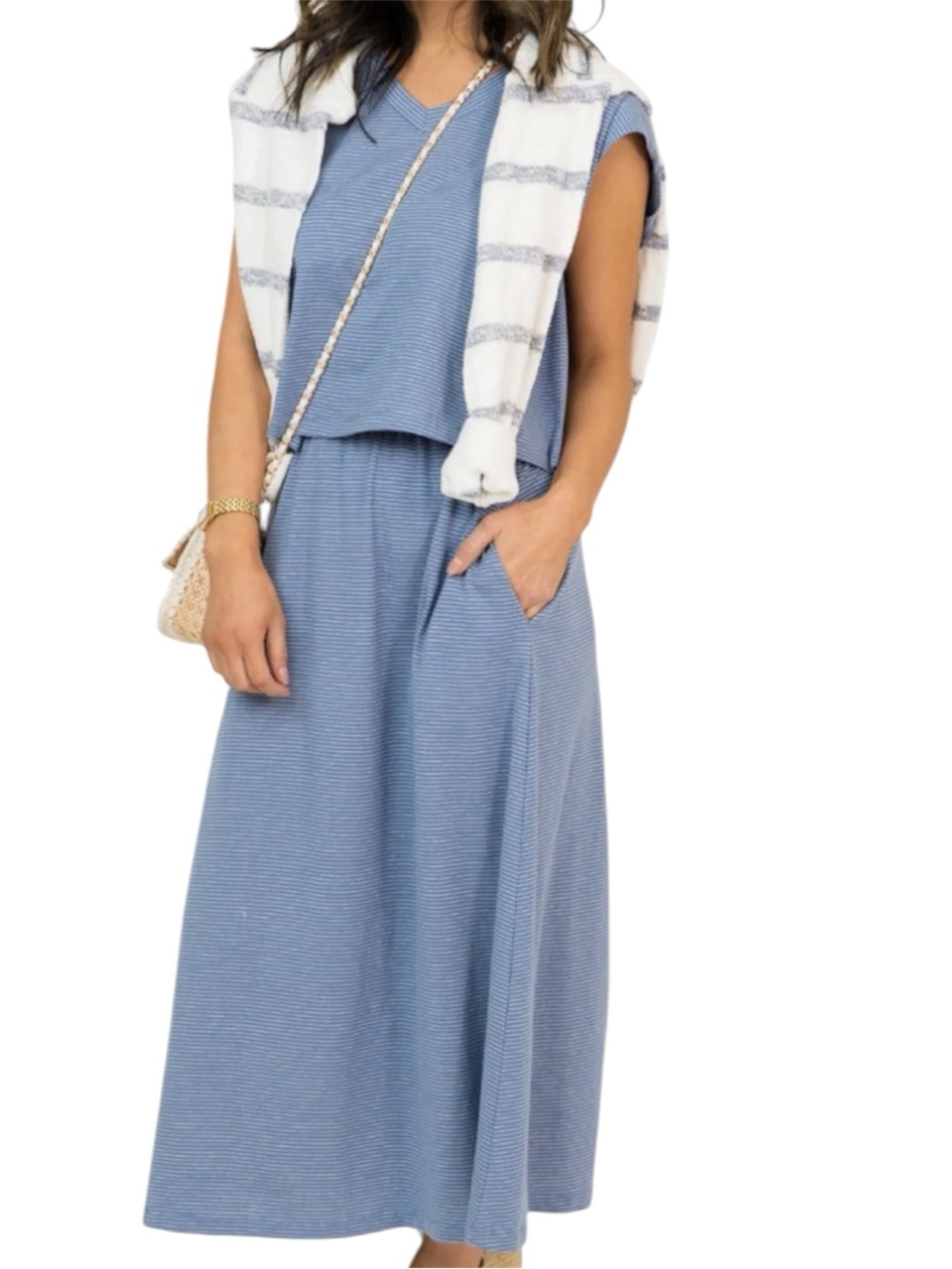 Wishlist Blue White Stripe V-Neck Skirt & Top Set Cotton Pockets Pull On Skirt M